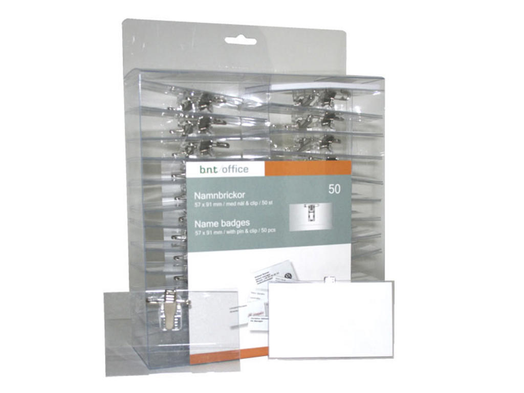 Navneskilt 57x91mm m/nål og klemme