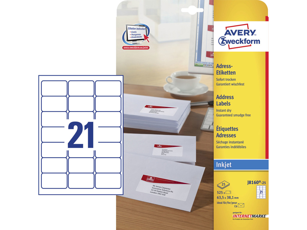 Etiket 63,5x38,1mm Avery J8160 21 Stk/ark 25 ark billede