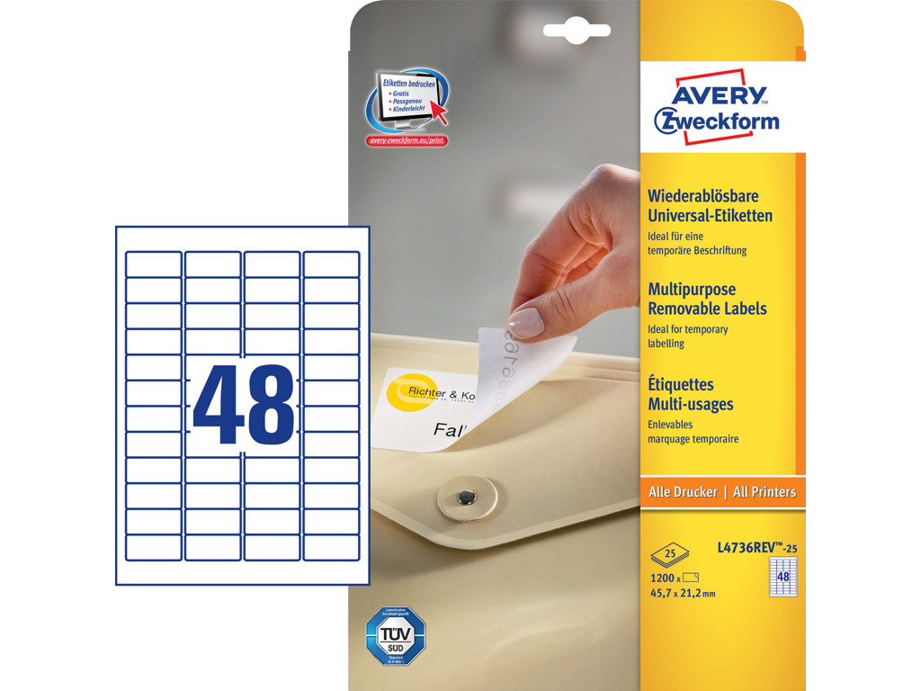 Etiket 45,7x21,2mm Avery L4736REV aftagelig 48 stk/ark 30 ark