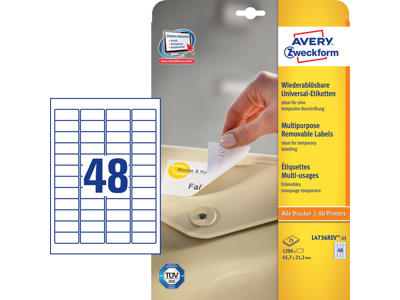 Etiket 45,7x21,2mm Avery L4736REV aftagelig 48 stk/ark 30 ark