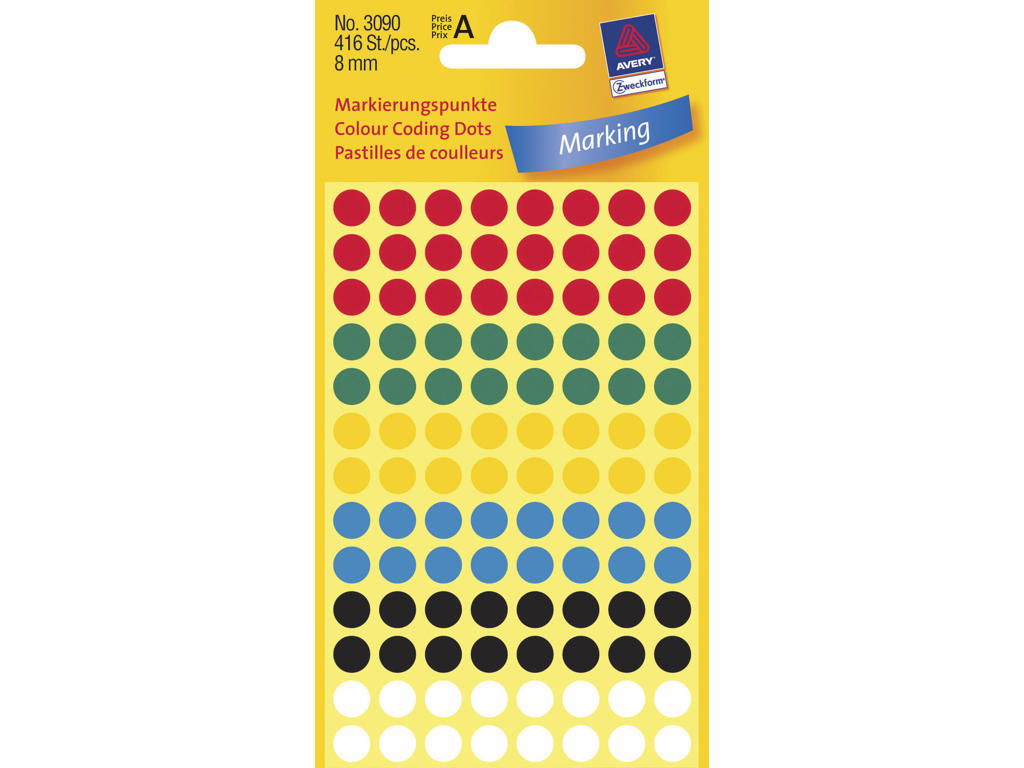 Etiket Avery Ø8 mm ass 416 stk.