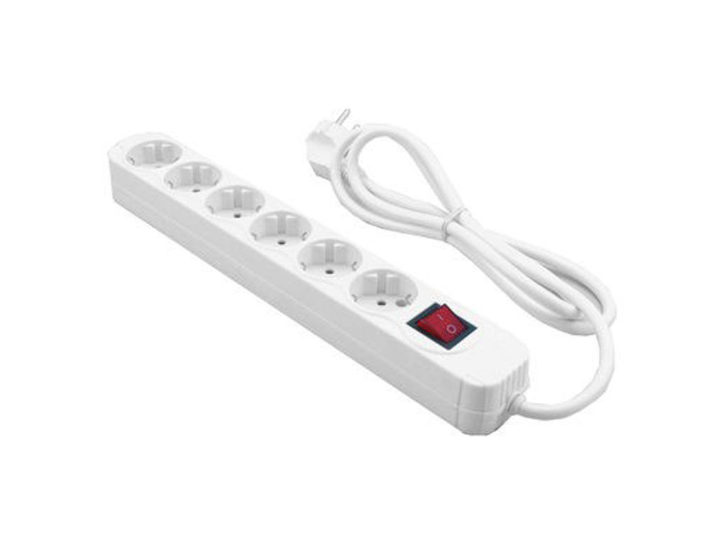 Stikdåse 6 udtag med jord og afbryder 1,4 m ledning hvid