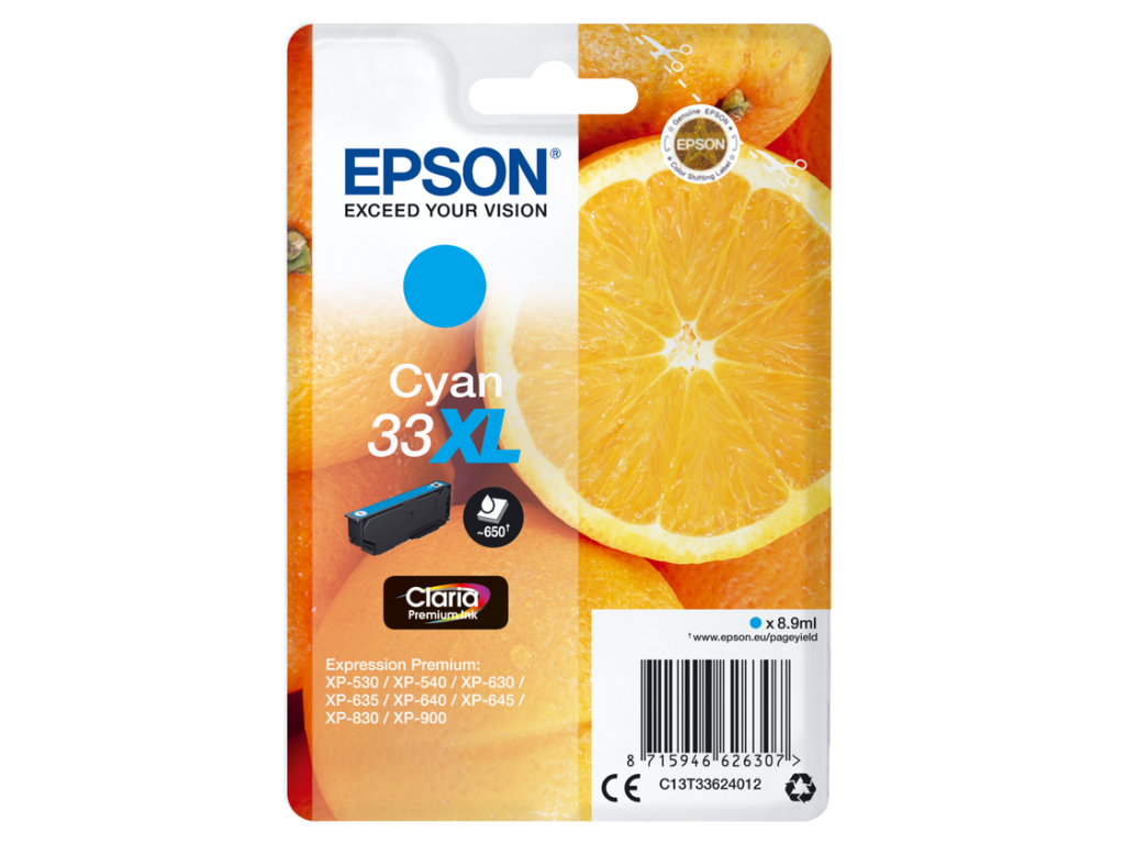 Epson blæk 33XL cyan, 650 sider