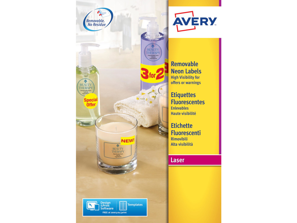 Etiket 38,1x21,2mm Avery L7651Y neongul 65 stk/ark 25 ark