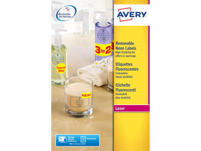 Etiket 38,1x21,2mm Avery L7651Y neongul 65 stk/ark 25 ark