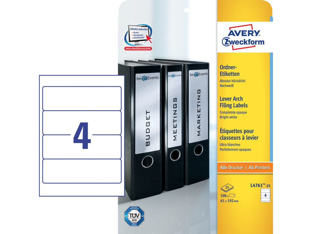 Etiket 192x61mm Avery L4761 rygetiket 4 stk/ark 30 ark