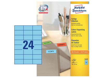 Etiket 70x37mm Avery 3449 blå 24 stk/ark 100 ark