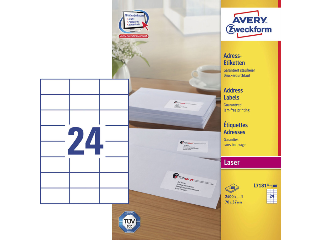 Etiket 70x37mm Avery L7181 24 stk/ark 100 ark