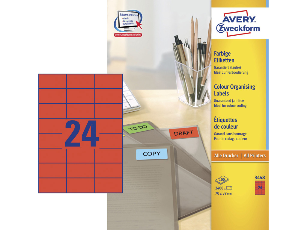 Etiket 70x37mm Avery 3448 rød 24 stk/ark 100 ark
