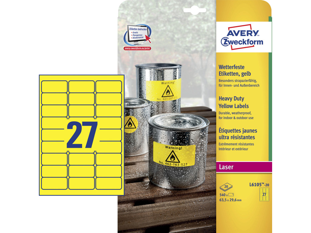 Etiket 63,5x29,6mm Avery L6105 stærk gul 27 stk/ark 20 ark