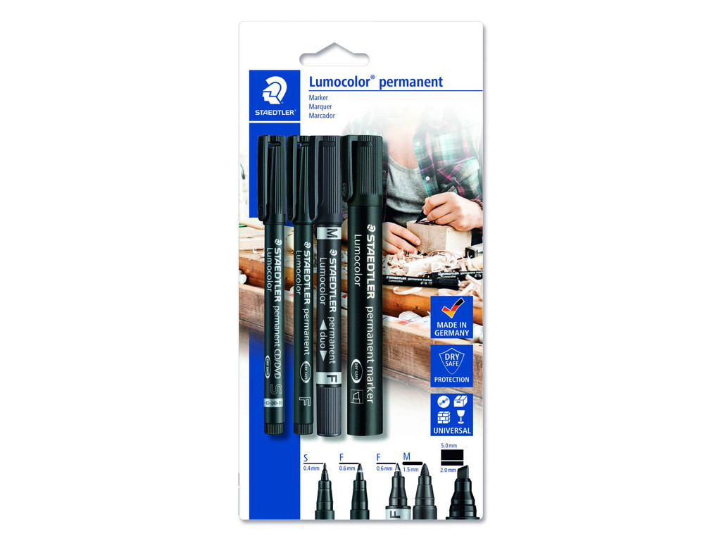 Marker Lumocolor permanent sort 4 tykkelser 0,4-5 mm