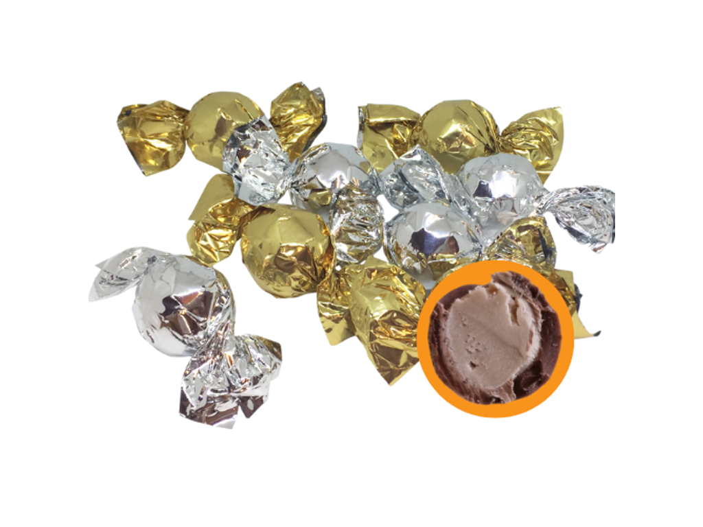 Chokoladekugler med fyld | Karamel | Guld/Sølv | 1 kg, ca. 75 stk