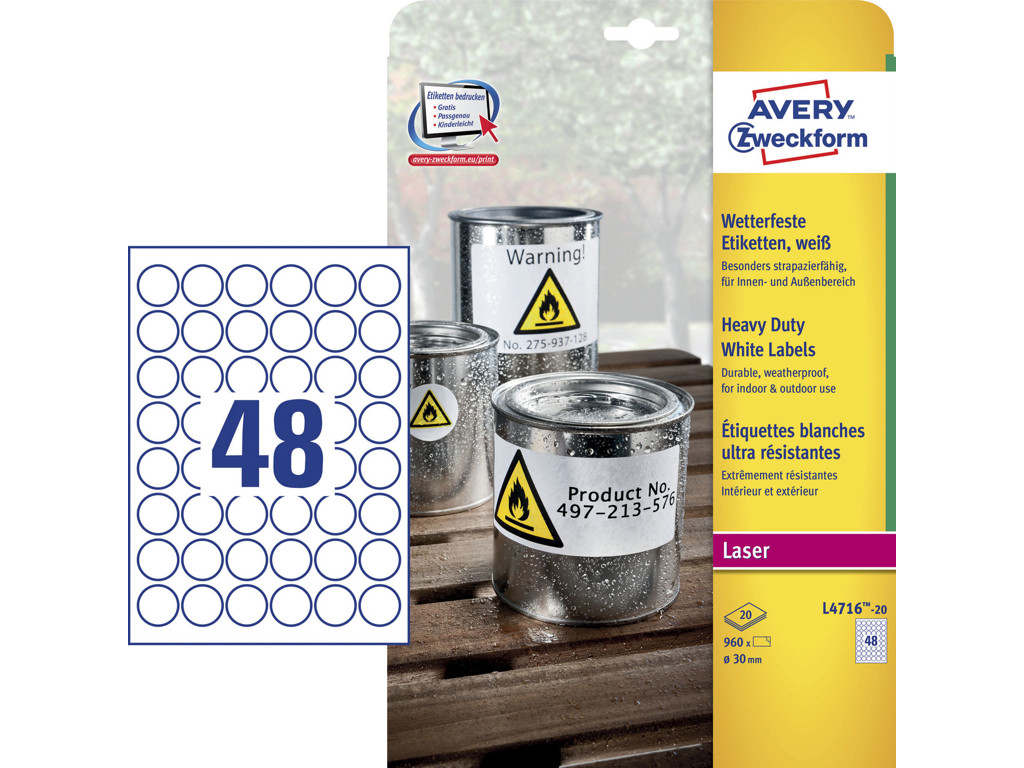 Etiket Ø30mm Avery L4716 polyester 48 stk/ark 20 ark