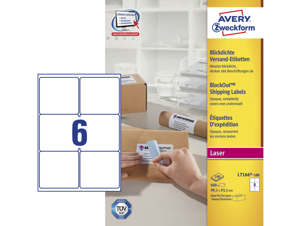 Etiket 99,1x93,1mm Avery L7166 6 stk/ark 100 ark