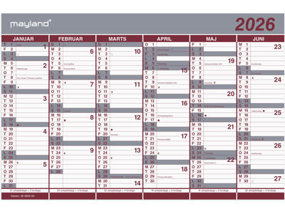 Kontorkalender Dobbelt halvårskalender 2026