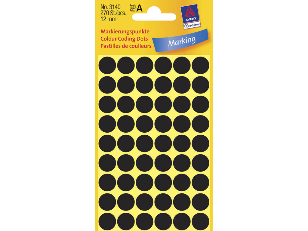Etiket Avery Ø12 mm sort 270 stk.