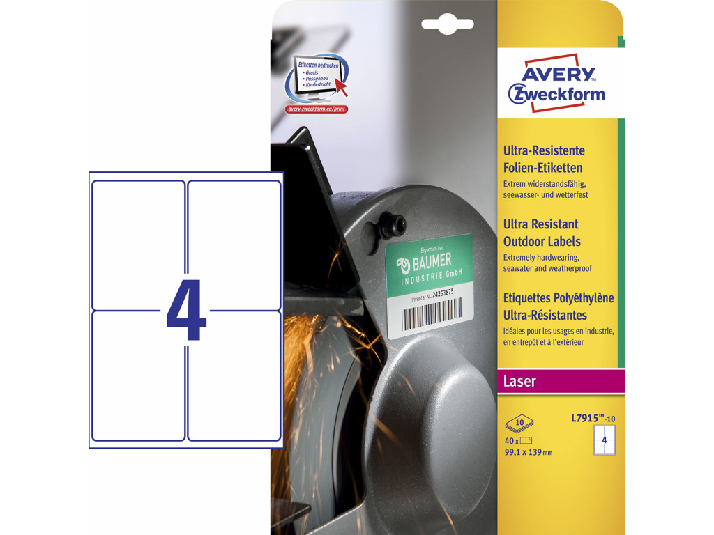 Etiket 99,1x139mm Avery L7915  4 stk/ark 10 ark