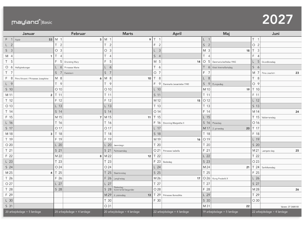 Basic Kontorkalender A4 2027