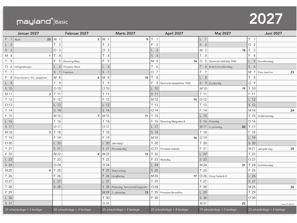 Basic Kontorkalender A3 2027