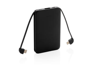 5.000 mAh lomme powerbank med integrerede kabler., sort
