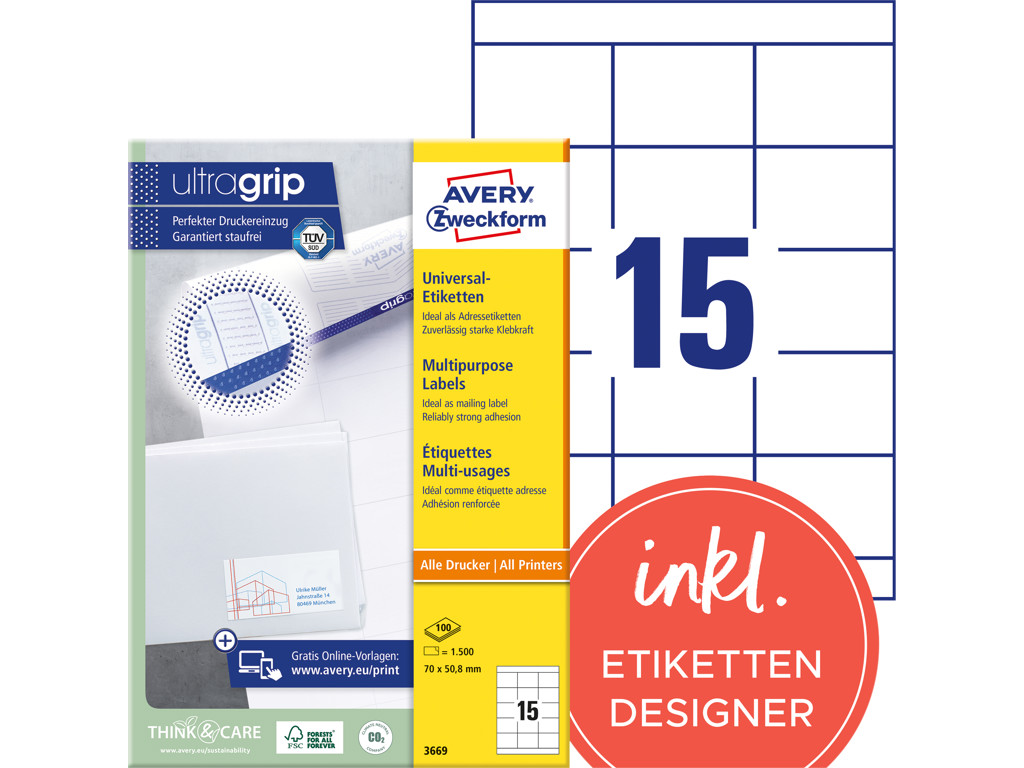 Etiket 70x50,8mm Avery 3669 15tk/ark 100 ark