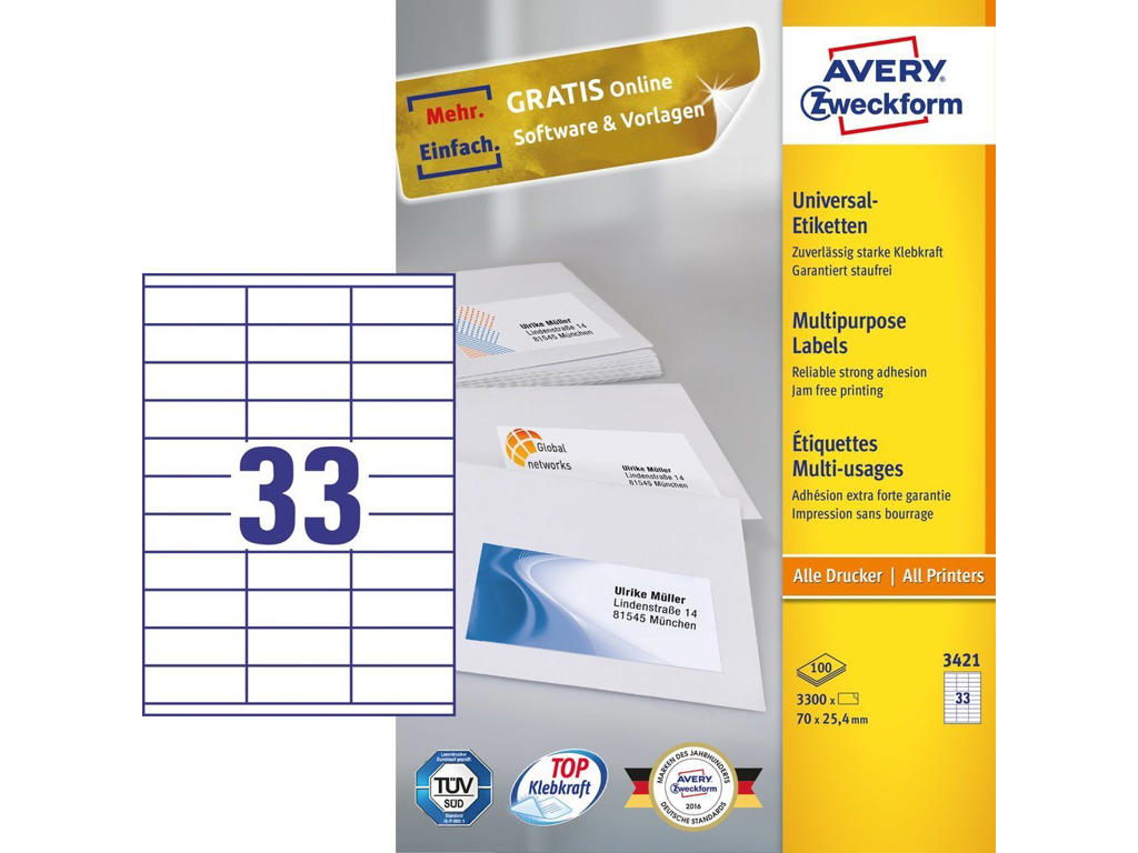 Etiket 70x25,4mm Avery 3421 33 stk/ark 100 ark