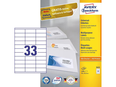 Etiket 70x25,4mm Avery 3421 33 stk/ark 100 ark
