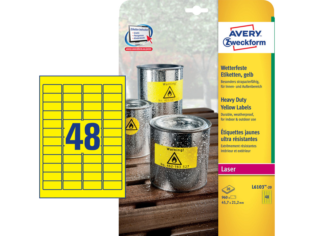Etiket 45,7x21,2mm Avery L6103 stærk gul 48 stk/ark 20 ark
