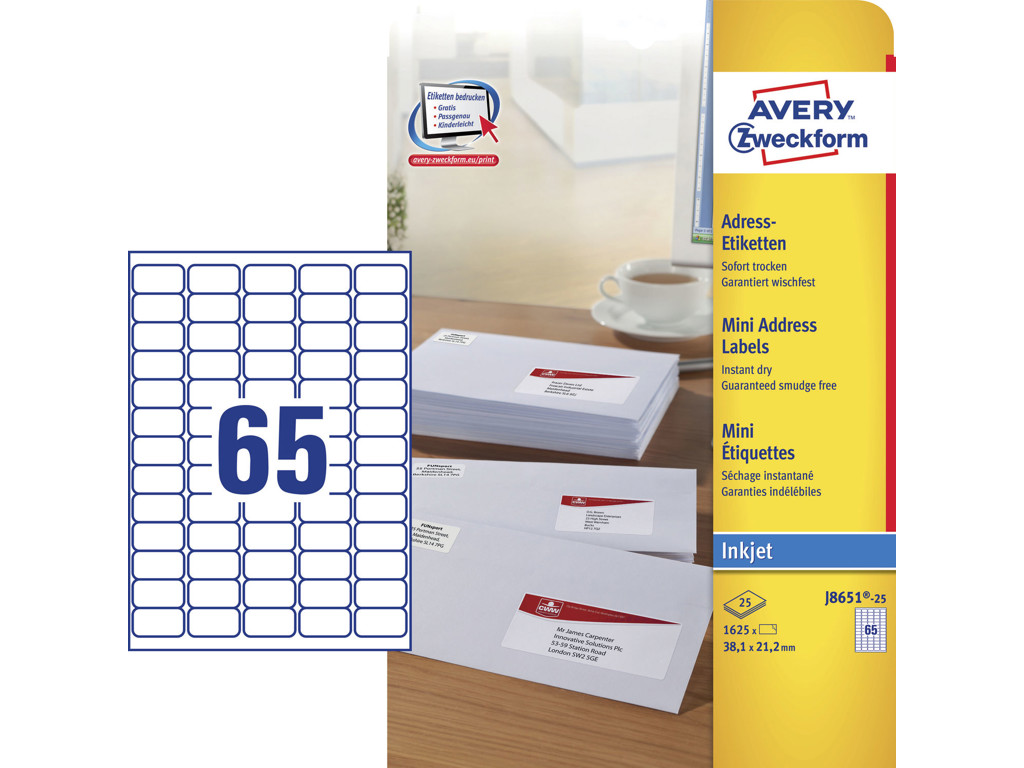 Etiket 38,1x21,2mm Avery J8651 65 stk/ark 25 ark