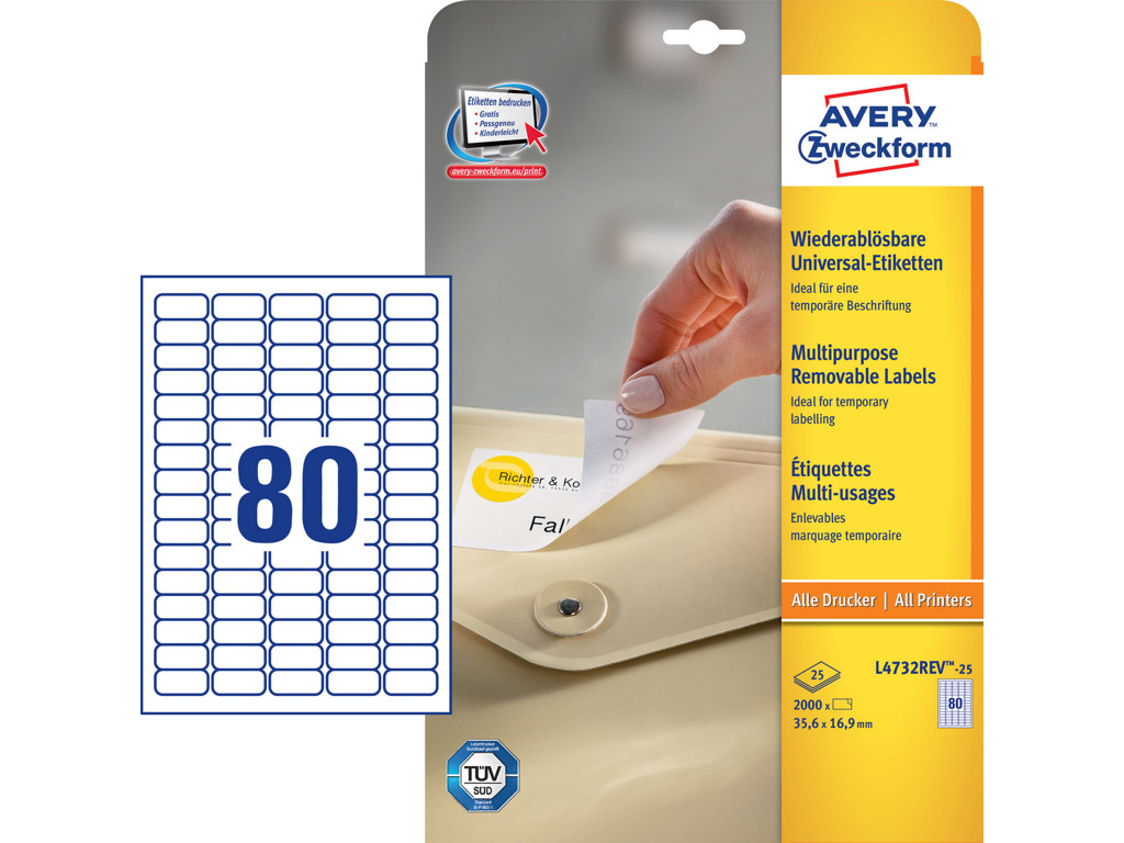 Etiket 35,6x16,9mm Avery L4732REV aftagelig 80 stk/ark 30 ark