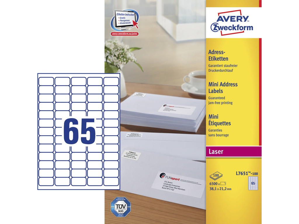 Etiket 38,1x21,2mm Avery L7651 65 stk/ark 100 ark