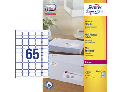 Etiket 38,1x21,2mm Avery L7651 65 stk/ark 100 ark
