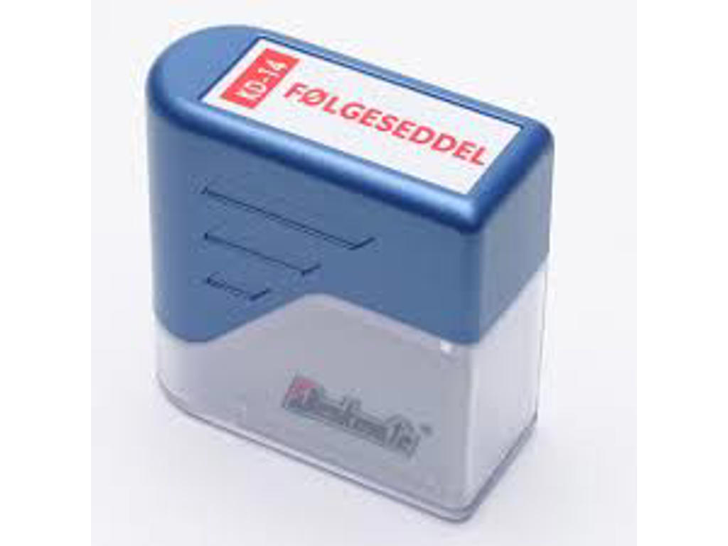 Stempel Deskmate med rød tekst FØLGESEDDEL