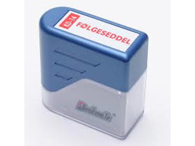 Stempel Deskmate med rød tekst FØLGESEDDEL