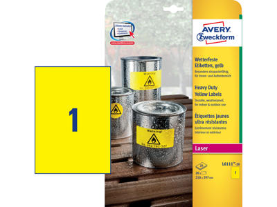 Etiket 210x297mm Avery L6111 stærk gul 1 stk/ark 20 ark