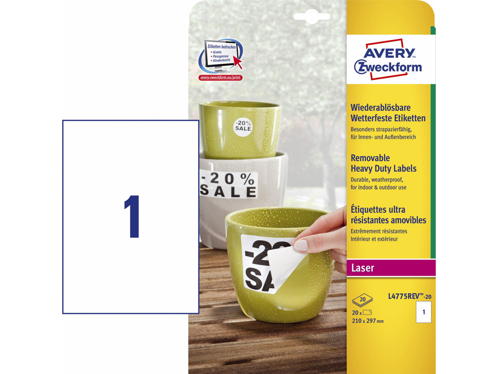 Etiket 210x297mm Avery L4775REV aftagelig vandfast 1 stk/ark 20 ark