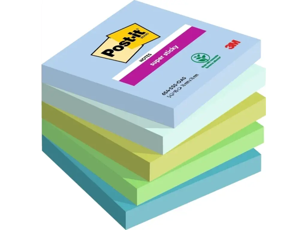 Post-it Super Sticky 76x76mm Oasis ass 5 stk (654)