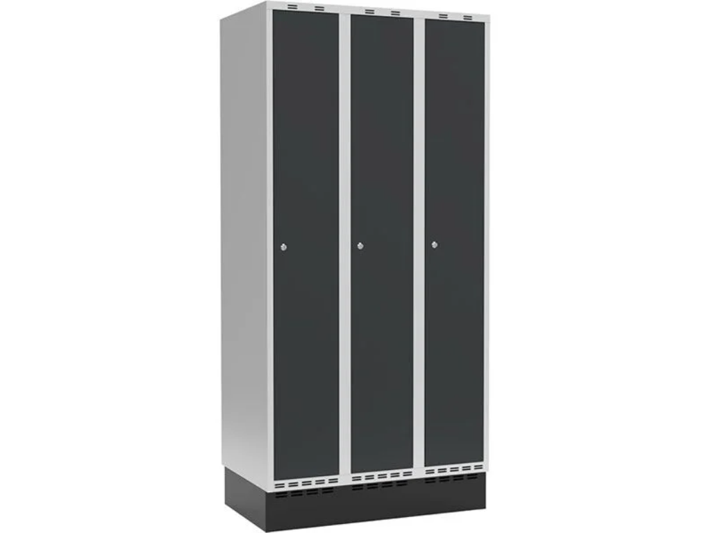 Garderobeskab 3x300mm
(900x550x1902mm) m/sokkel og cylinderlås, lys grå m/antracit dør