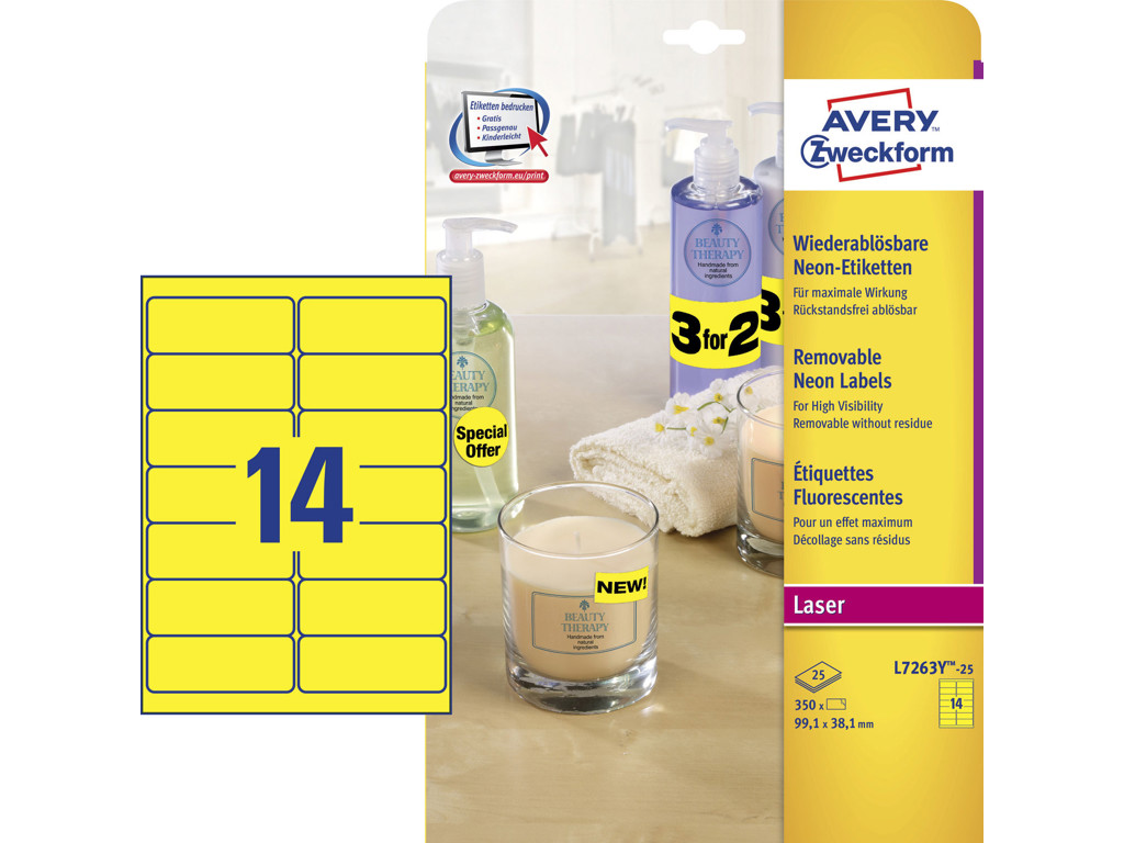 Etiket 99,1x38,1mm Avery L7263Y neongul 14 stk/ark 25 ark