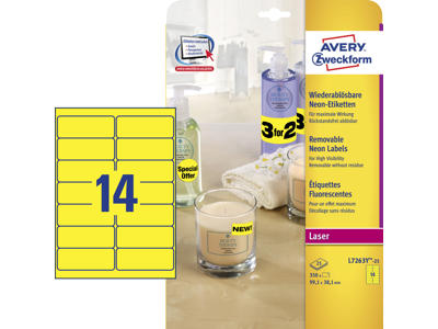Etiket 99,1x38,1mm Avery L7263Y neongul 14 stk/ark 25 ark