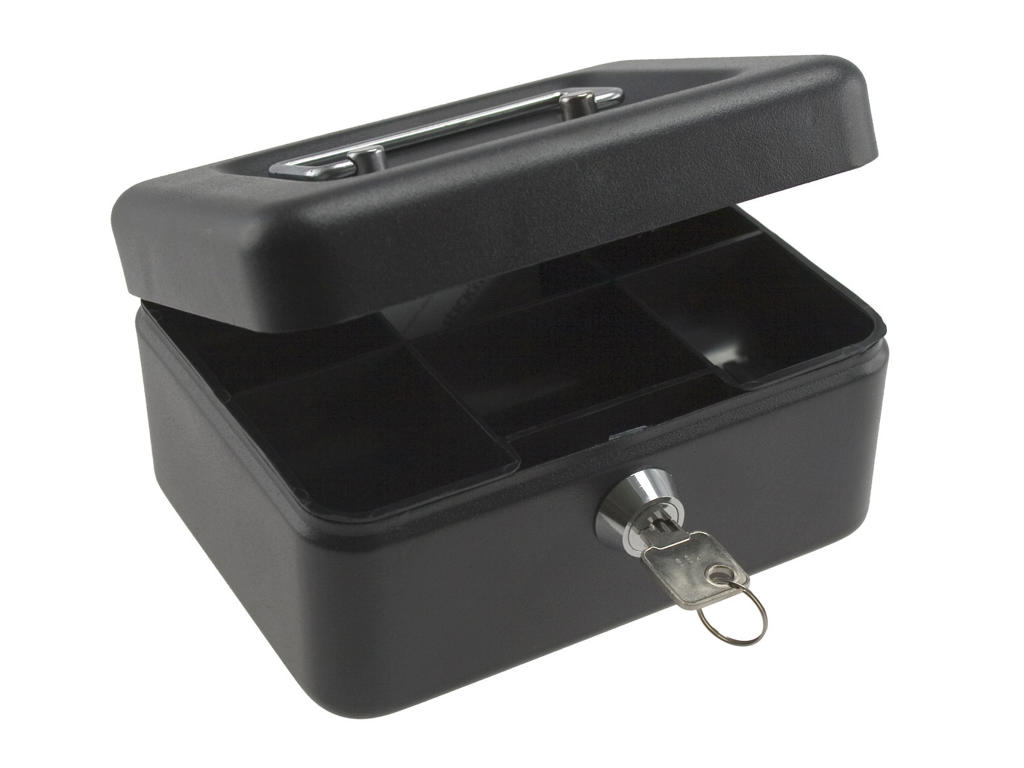 Pengekasse med 6 møntrum 80x115x152mm sort