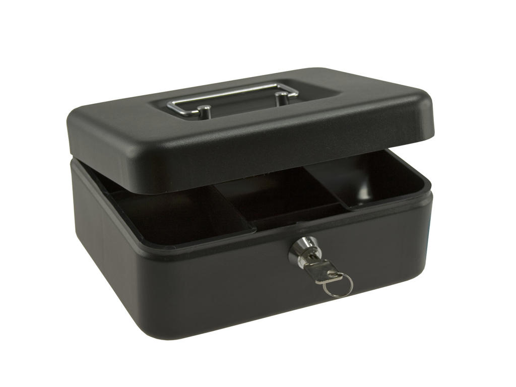 Pengekasse med 6 møntrum 90x240x300mm sort