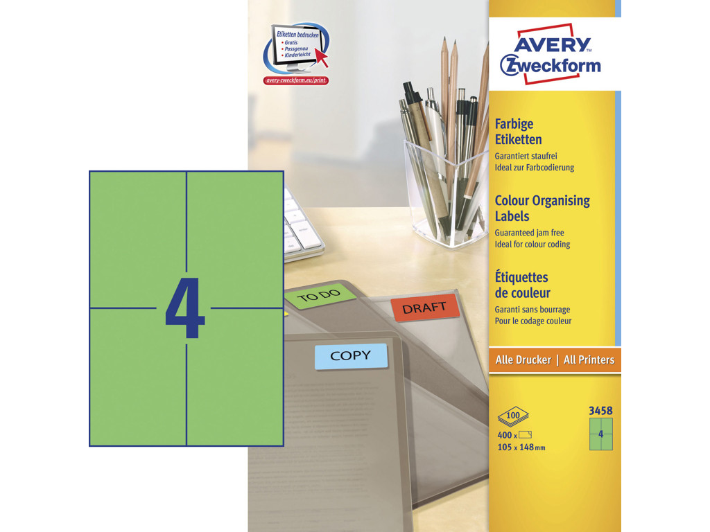 Etiket 105x148 mm Avery 3458 grøn 4 stk/ark 100 ark