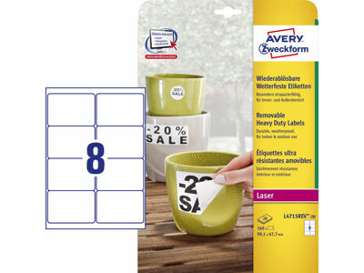 Etiket 99,1x67,7mm Avery L4715REV aftagelig polyester 8 stk/ark 20 ark