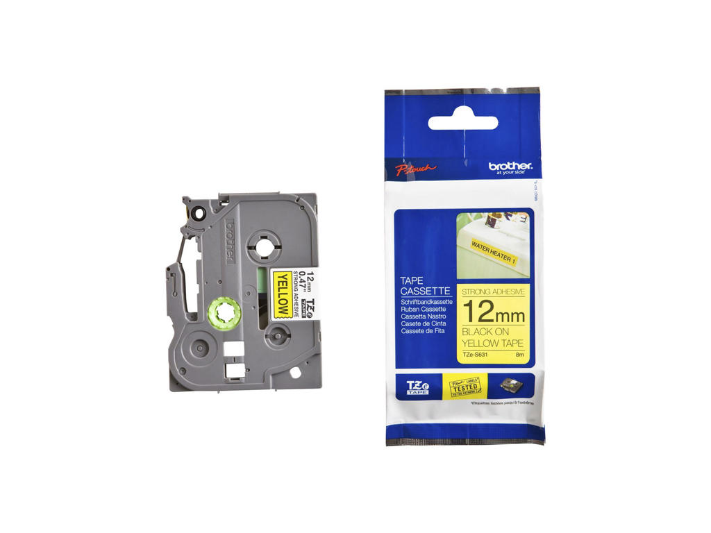 Brother tape TZeS631 12mm sort/gul stærkt klæbende
