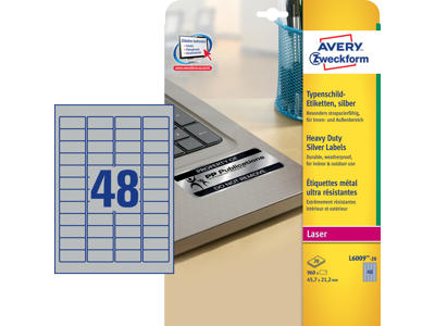 Etiket 45,7x21,2mm Avery L6009 sølv 48 stk/ark 20 ark