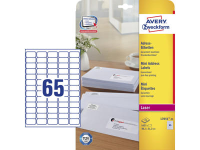 Etiket 38,1x21,2mm Avery L7651 65 stk/ark 25 ark