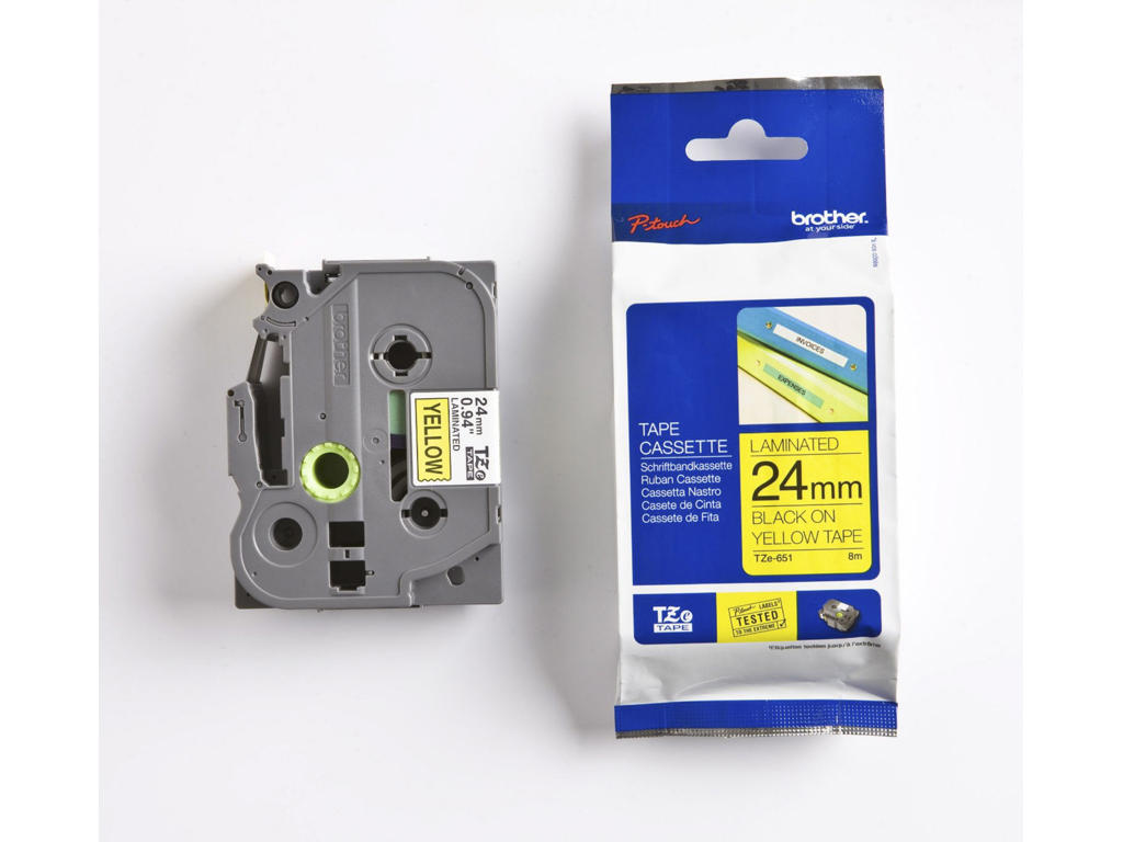 Brother tape TZeS651 24mm sort/gul stærkt klæbende