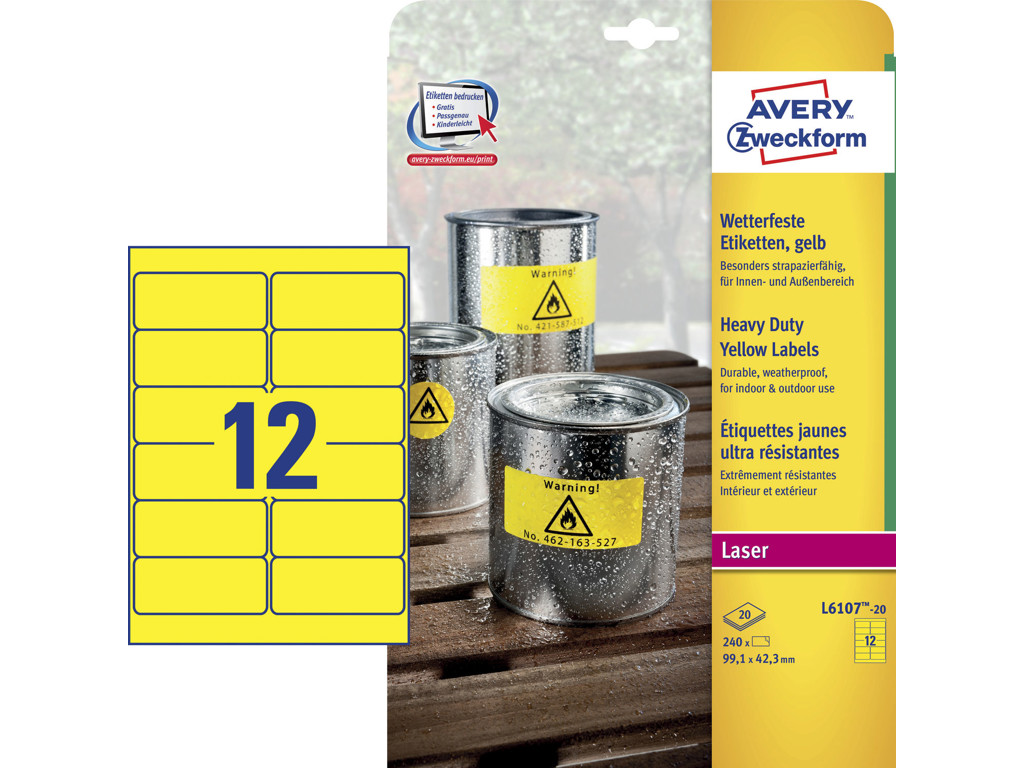 Etiket 99,1x42,3mm Avery L6107 stærk gul 12 stk/ark 20 ark