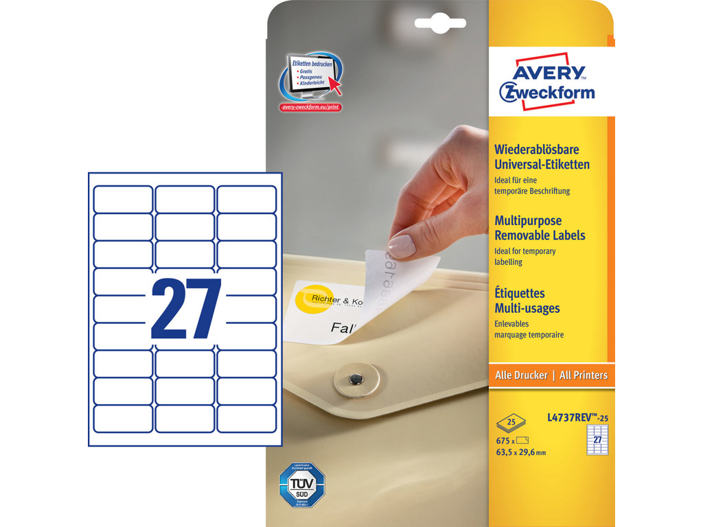 Etiket 63,5x29,6mm Avery L4737REV aftagelig 27 stk/ark 30 ark